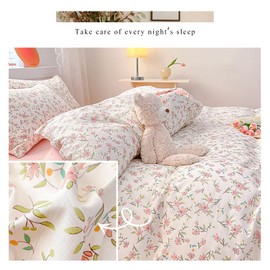 EAVD Vintage Style Garden Pink Floral Duvet Cover Queen White Soft 100% Cotton Small Cute Floral Bedding Set with 2 Pillowcases Chic Shabby Floral Botanical Duvet Cover with Zipper Closure