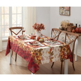 Newbridge Thanksgiving Autumns Bounty Bordered Rectangle Fabric Tablecloth, 60 x 84 Inch, Bountiful Farm Pumpkin Fall Harvest Multicolor Easy Care Table Cover for Holiday Party