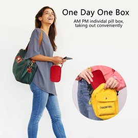 Pill Box 7 Day 2 Times a Day Weekly Pill Organiser with Portable Zipper PU Leather Bag BPA Free AM PM Travel Pill Dispenser for Medication Capsule Vitamins Fish Oils (Red)