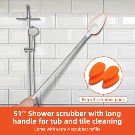 Qaestfy Bathtub Scrubber, Adjustable Long Handled Scrub Brush with 51 Inch Handle, 5 Non-Scratch Scouring Pads for Cleaning Tile Shower Bathroom Vessel Sinks Toilet Wall Floor