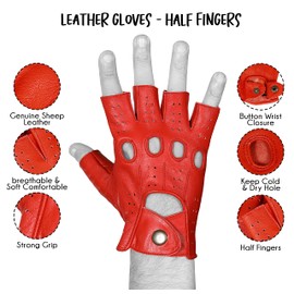 WASPRO Genuine Lambskin leather gloves, motorcycle Half finger Gloves (Red, Small)