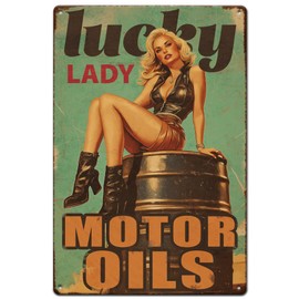 Hobbspring 1pc Vintage Metal Tin Sign 30x20cm Retro Lucky Lady Sign Rusty Look Motor Oil Gas Service Garage Poster for Home Office Kitchen Bar Cafe Garden Wall Decor