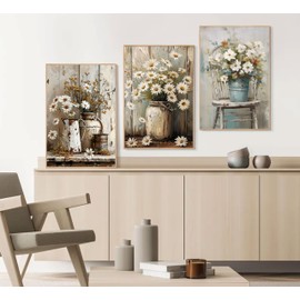 3 piezas de lona floral para decoración de pared, diseño de flores de campo, margaritas blancas, clásico, florero retro, estampado floral, para recámara, baño, sala de estar, 16 pulgadas de largo x 12