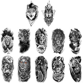 ANCLLO 12 Sheets Full Sleeve Temporary Tattoos Black Animal Lion Wolf Large Pattern Simulation Tattoo Sticker Realistic Fake Tattoos for Adults