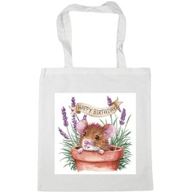 Hippowarehouse Happy Birthday cute mouse plant pot lavender watercolour Tote Shopping Gym Beach Bag 42cm x38cm, 10 litres