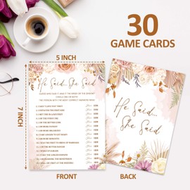 Boho Bridal Shower Game Set - He Said She Said Bohemian Wedding Shower Games Cards - 30 Pack Pampas Grass Engagement Party Decorations - Fall Floral Bachelorette Party Ideas And Activities -05