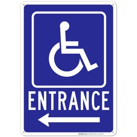 Left Arrow Handicap Entrance Sign, 10x14 Inches, Rust Free .040 Aluminum, Fade Resistant, Made in USA by Signs