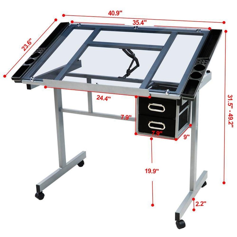 Topeakmart Glass Drafting Table Rolling Drawing Desk Artists Art Craft