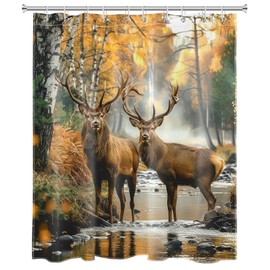 LB Deer Forest Shower Curtain Fall Wildlife Animal Elk Hunting Bathroom Shower Curtain Rustic Farmhouse Foggy Forest Bathroom Curtain with Hooks 72Lx60W Inch Polyester Fabric Bath Curtain