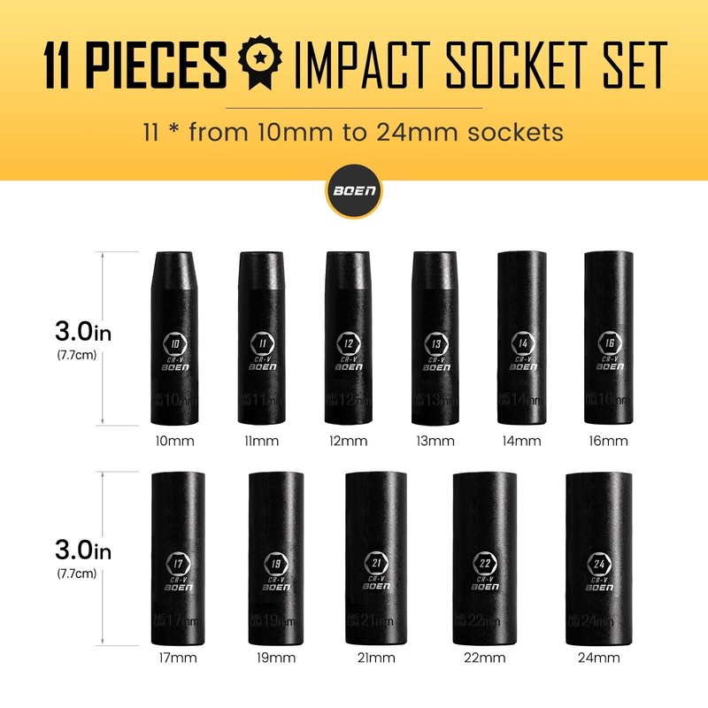 BOEN 11 Pcs 1/2 Inch Drive Deep Impact Socket Set,Metric