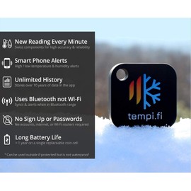 tempi.fi Wireless Temperature and Humidity Sensor - Developed in The USA - 24/7 Data Logger with Alarm – Bluetooth Smart Thermometer and Hygrometer - Bluetooth Only - Not WiFi