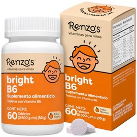 Renzo's Bright B6 | Vitaminas B6 para Niños | 60 Tabs Masticables sin Azúcar | Vitaminas para Niños Sabor Naranja