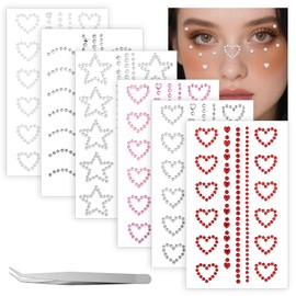 DOPENSPI 6Sheet Face Gems with Tweezer, Self Adhesive Face Makeup Gems 3D Star Heart Moon Shape Facial Gem Stickers with Tweezer Facial Jewels Body Gem for Faces Eye Makeup Body DIY Craft