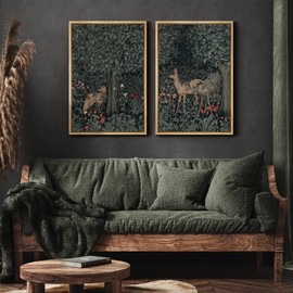 MUDECOR Framed Canvas Print Wall Art Enchanting Forest Wildlife Prints Deer & Fox in Woodland Nature Wilderness Illustrations Realism Decorative for Living Room, Bedroom, Office - 16"x24"x2 Natural