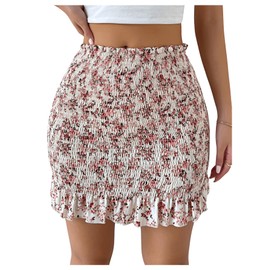 WDIRARA Women's Floral High Waisted Mini Bodycon Skirt Boho Ruffle Trim Smocked Short Skirts Pink Small
