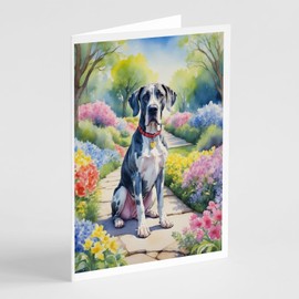 Caroline's Treasures Great Dane Spring Path Greeting Cards Pack of 8 Blank Cards with Envelopes Whimsical A7 Size 5x7 Blank Note Cards