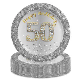 MORAINJAY 16Pcs Birthday Plates for 50,Silver and Gold 7inch Paper Plates for 50th Birthday Party,Small Paper Plates for Men Women Her Him,Birthday Tableware Set Party Supplies Table Decorations