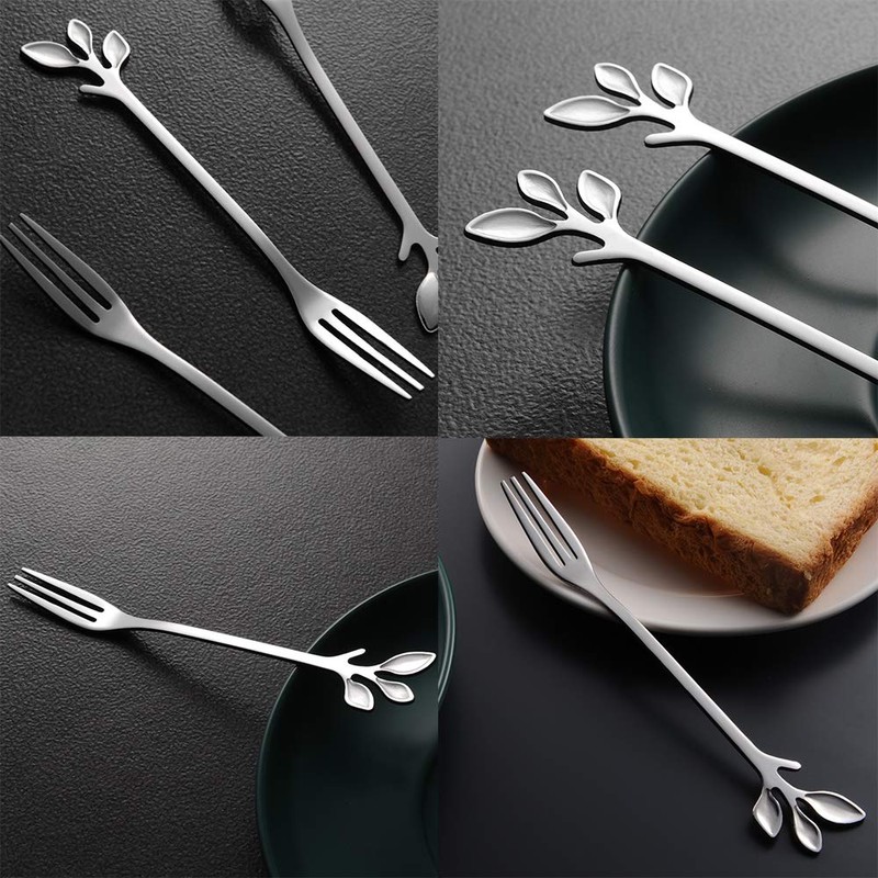 AnSaw 8-Pieces 4.7-inch Small Appetizer Forks With Leaf Handle(Silver)