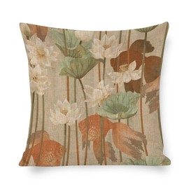 POMOTER Chinoiserie Throw Pillow Cover Fish Elegant Blooming Lotus Pillow Cases Farmhouse Home Decor for Room Couch Patio Porch Outdoor 18"x18"