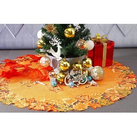 GRANDDECO Christmas Tree Skirt 24 Inch Thanksgiving Orange Tree Mat Harvest Fall Cutwork Embroidered Maple Leaves Xmas Tree Decor for Holiday Party Decorations Indoor Outdoor(Round-24 inches (61cm))