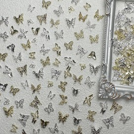 KACHIMOO Butterfly Nail Charms, 100 PCS 3D Nail Butterfly Charms for Women Nail Art Design in Silver & Gold