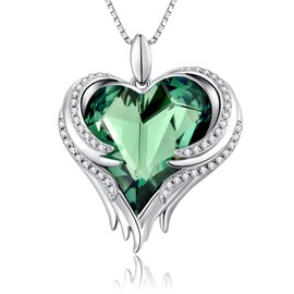 Love Heart Necklaces, Love Heart Angel Wings Pendant Necklace for Women Silver Crystal Necklace Women Silver Tone Crystal Birthstone Necklace CZ Diamond Necklace Green Crystal Pendant Necklace Mother