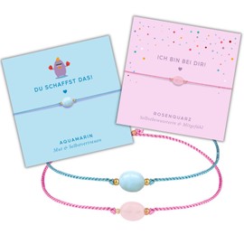 happymaker - Edelsteine für Kinder, Edelsteinarmband Set für Kinder, Rosenquarz und Aquamarin Armband mit vergoldeten Messingperlen, handgefertigt in Deutschland