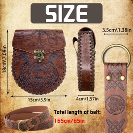 YOUYIKE Medieval Embossed Belt with Nordic Embossed Belt Bag, Vintage Faux Leather Belt and Side Pocket Set, PU Leather, Retro Knight Belt, Belt for Men, c