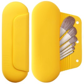 AGIKET Silicone Makeup Brush Holder Travel Cosmetic Bag：Soft Portable Cosmetic Face Brushes Holder with Upgrade Anti-Fall Out Magnetic Closure, Large Travel Makeup Brush Case - Yellow