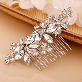 Chargances Bridal Silver Rhinestone Flower Hair Comb Wedding Crystal Hair Side Comb Dainty Handmade Hair Accessories for Women Girls Bridesmaid Prom (Silver)