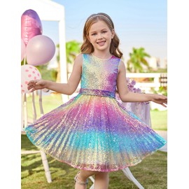 Girls Rainbow Dress Sequin Christmas Prom Graduation Formal Party Dance Dresses for Kids