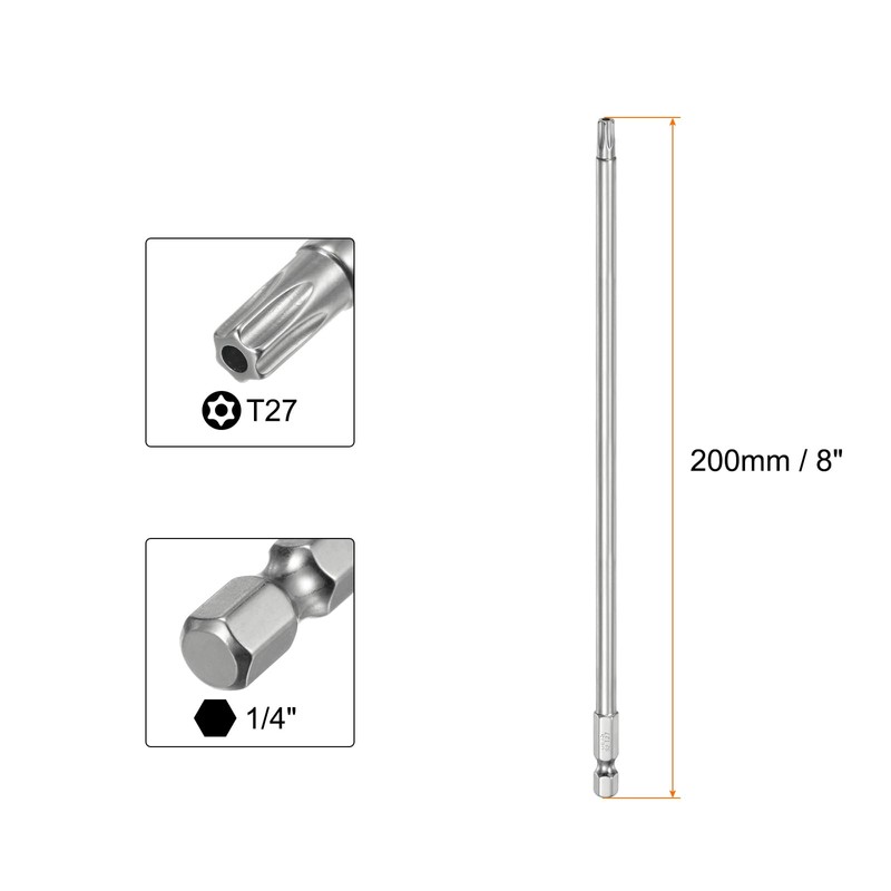 HARFINGTON 2pcs T27 Security Torx Bit 1/4" Hex Shank 8"