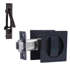 Dontay Pocket Door Lock, Color Coded Indicators, Privacy (Bed/Bath) Handles Latch, 2-3/8" Backset, Hardware for 1 3/8” to 2 3/16” Thickness Door (Including Edge Pull, Matte Black, Square - 1 Pack)