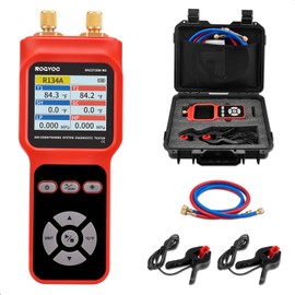 Rogvoc Manometer, HVAC Digital Pressure Tester, 2-Port Pressure Meter with 2 Thermometer Sensor Clamps for Air Conditioner Performance Testing, Backlit LED Display