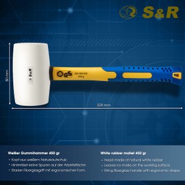 S&R Rubber Mallet White, 55mm Diameter, 450g Head Weight, Fiberglass Handle