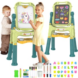 PUPPSITTY Art Easel for Kids, Adjustable Standing Rotatable Double Sided Easel with Painting Accessories, 4 in 1 Drawing Board for Toddlers, Birthday Christmas Gift for Little Boys Girls,Green