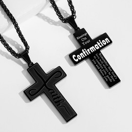 Gnamy Confirmation Gifts for Teen Teenage Teenager Boys Kid, Faith Cross Necklace for Men Him, Stainless Steel Cross Pendant Chain Jewelry, Inspirational Bible Verse Christian Religious Gift, Black