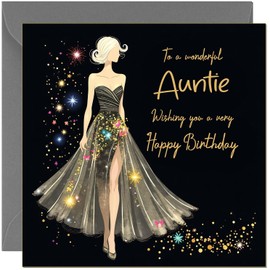 Beautiful Auntie Birthday Card Glitter Sparkle Dress Design Black & Gold - Pretty Birthday Cards for Aunt