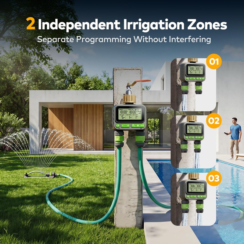 Remote Control Sprinkler Timer for Outdoor Hose Faucet 2 Zone,