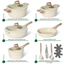 JUST PERFECTO Induction Pots Set - Pan Set with Lid - Induction Pots Set - Pots & Pans Set without PTFE and PFOA - Cookware Pot Set Induction 14Pcs (light beige)