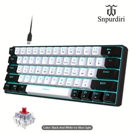 Snpurdiri 60% Wired Mechanical Gaming Keyboard, Ice Blue LED Backlit 61 Keys Mini Wired Office Keyboard For Windows Laptop PC Mac (Black-White, Red Switches)