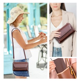 nuoku Womens RFID Wallet Purse Wristlet Crossbody Clutch with Zip Around 2 Strap, Coffee
