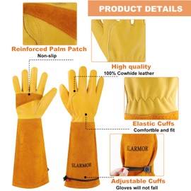 SLARMOR Leather Gardening Gloves for Men and Women - Thorn-Proof for Pruning Roses, with Forearm Protection, Long Cowhide Work Gloves for Garden and Household Tasks, Size XS Yellow