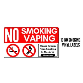 No Smoking & No Vaping Sticker Sign - 10 Pack 10 x 7 in Premium Quality Self Adhesive Stickers Weatherproof UV Resistant for Businesses, Stores, Restaurants, & Facilities. Red