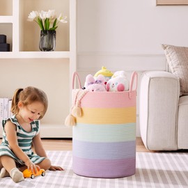 MOJOSCEND 15Dx20H inches Baby Girls Kids Hamper Rainbow Laundry Basket for Nursery Clothes Pastel Unicorn Woven Hamper in Playroom Bedroom 60L Large Tall Blanket Basket for Toy Storage