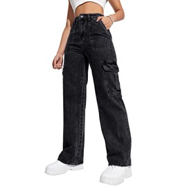 Flvsun Women's Cargo Pants High Waisted Baggy Cargo Jeans Straight Leg Y2K Streetwear Trousers with 6 Pockets for Women Teen Girl S-Black.