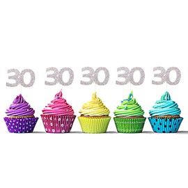 Sumerk 24PCS 30 Cupcake toppers Silver Glitter 30th Birthday Cupcake Picks Anniversary Party Decorations