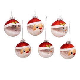 Kurt Adler 80MM Clear and White Santa and Snowman Glass Ball Ornaments, 6 Piece Box