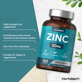 Zinc Supplement 50mg | 365 Vegan Tablets | for Immunity, Skin, Hair, Nails, Bones & Vision | Zinc Gluconate | No Artificial Preservatives | by Horbaach