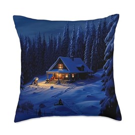 Cozy Winter Gift Ideas Winter Forest Snowy Cabin in Pine Trees Throw Pillow, 18x18, Multicolor